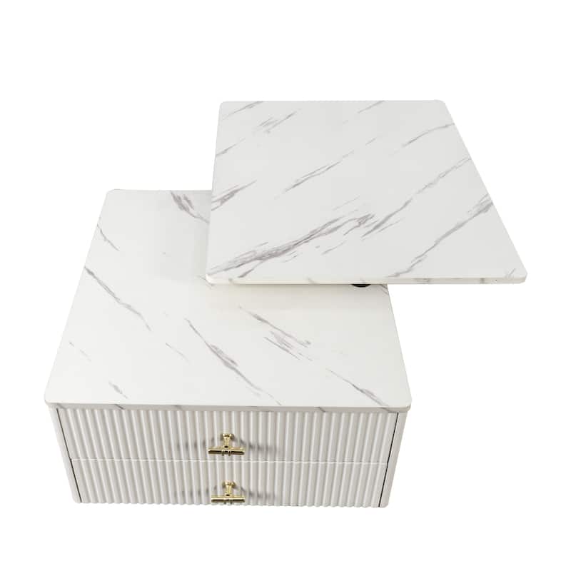 Roomfitters Extendable Coffee Table with Storage, Reversible Square Table with 2 Drawers and 6 Wheels for Living Room, White