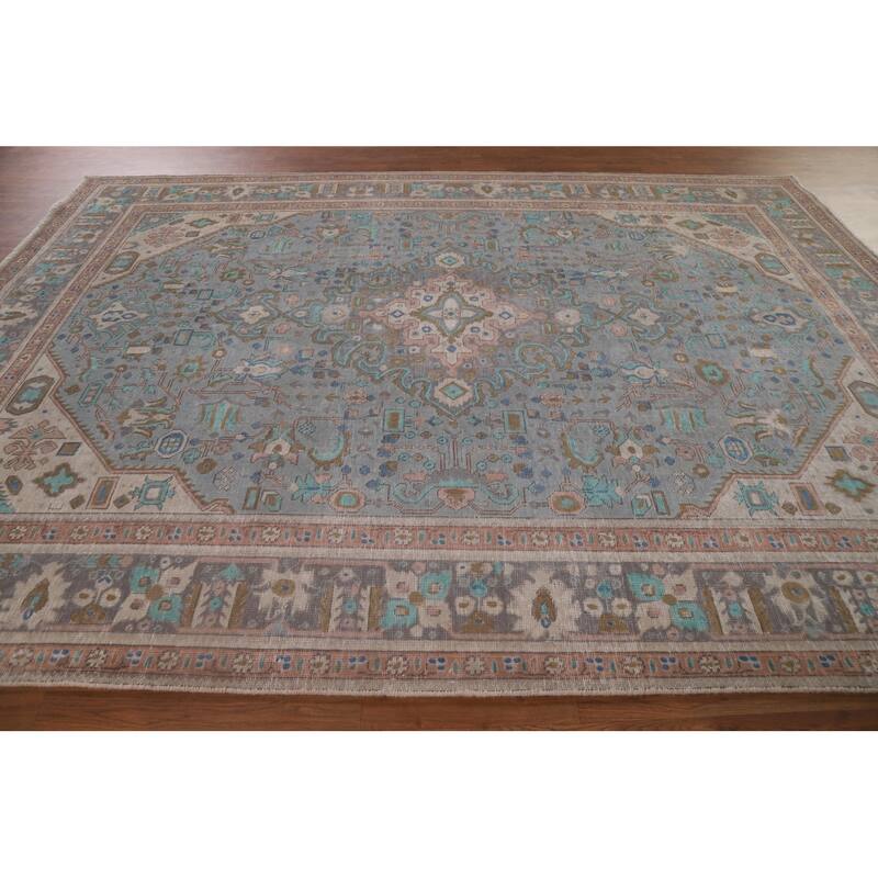 Geometric Blue Tabriz Persian Antique Area Rug Handmade Wool Carpet - 8'0" x 10'10"