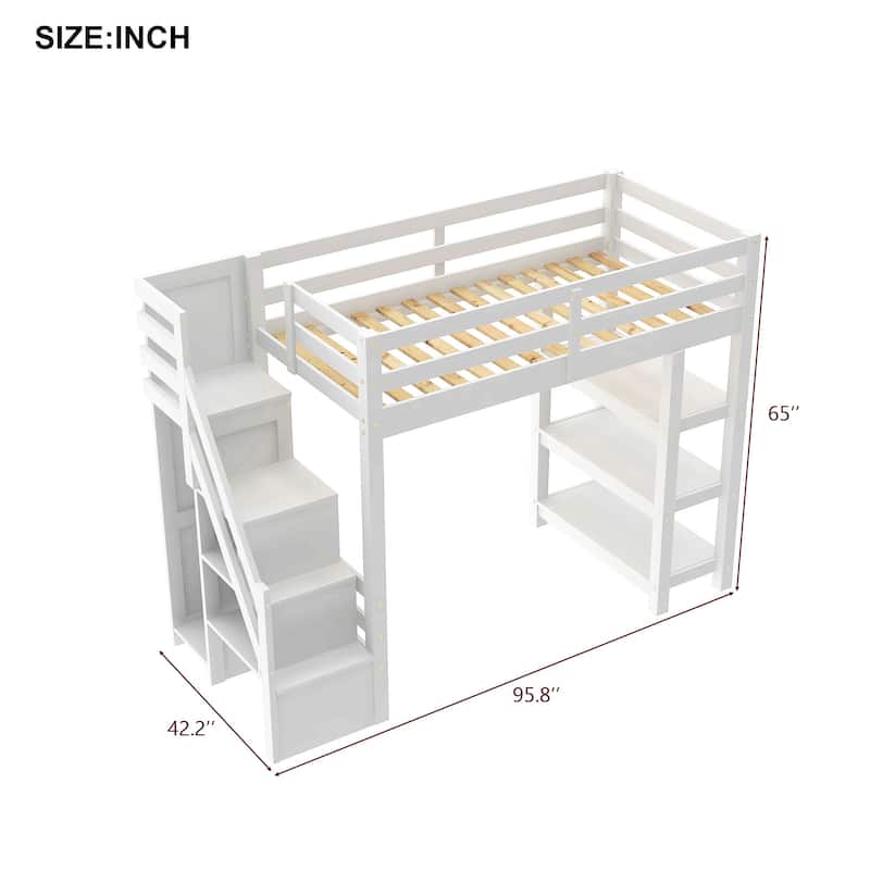 Roomfitters Twin/Full Size Loft Bed with Wardrobe, Storage Staircase and LED Light, White