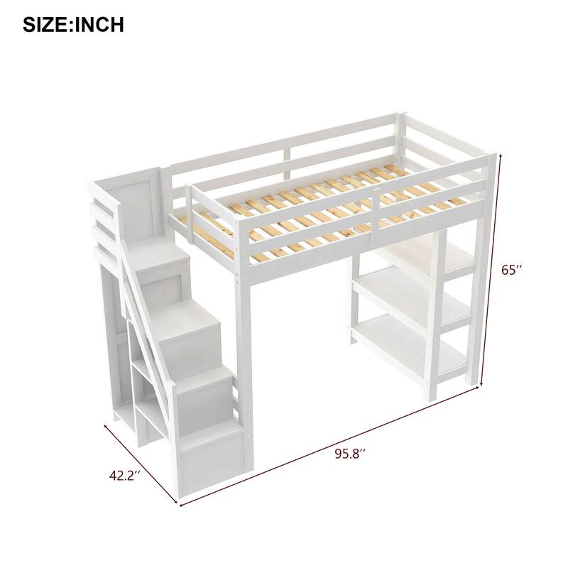 Twin/Full Size LED Loft Bed with Storage Staircase and Wardrobe, Solid Pine Wood High Loftbed Frame with 4 Layer Storage Shelves