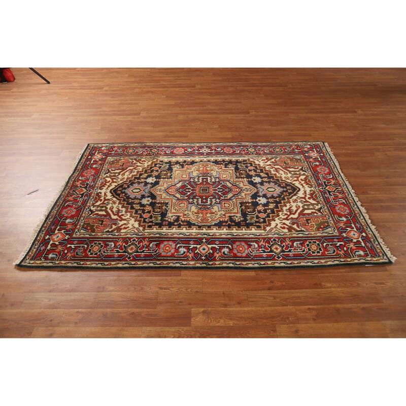Hand Knotted Oriental 100% Wool Carpet Traditional Medallion Navy Blue & Blues Heriz (serapi) Area Rug - 5' 11'' X 4' 0''