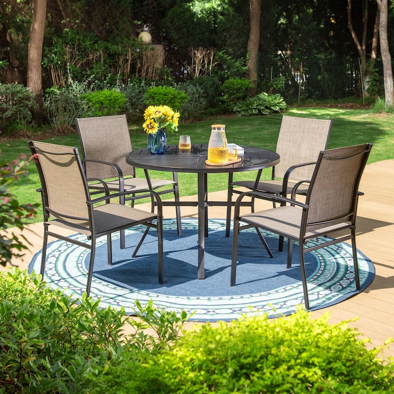 MAISON ARTS 5-Piece Patio Dining Set, Geometrically Stamped Round Table and 4 Textilene Dining Chairs