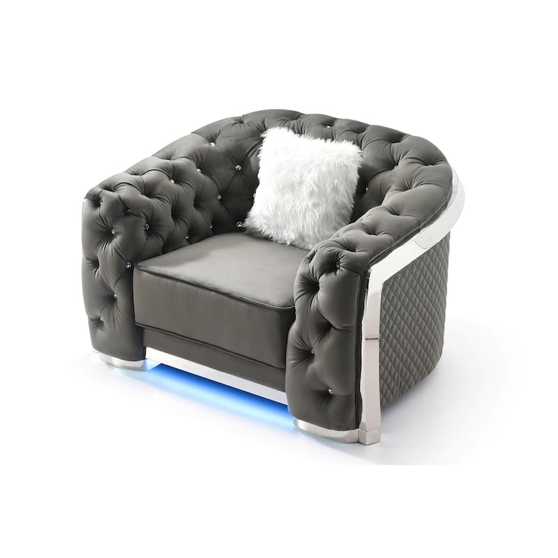 Diamond Quilted Tufted Jeweled Accent Chair with LED Light - 52" - Gray