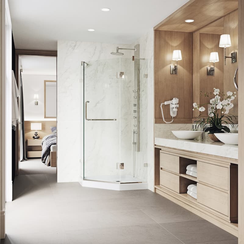 VIGO Piedmont 38"D x 38"W x 77"H Frameless Hinged Neo-Angle Shower Enclosure and Low-Profile Base in Brushed Nickel