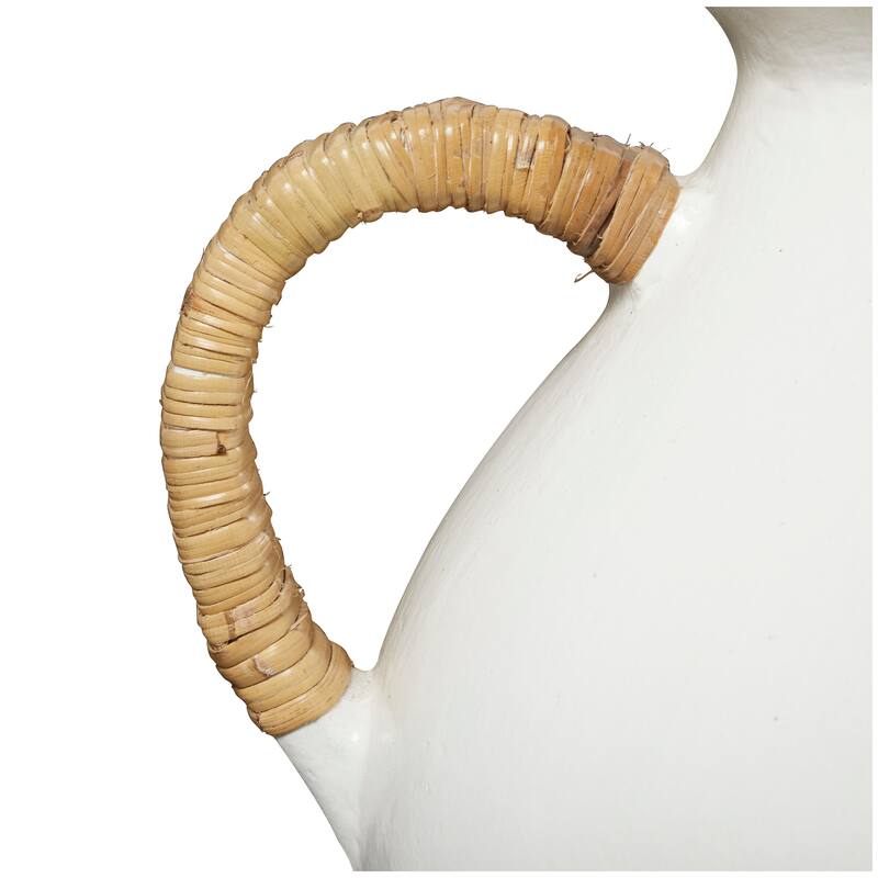 White Ceramic Jug Inspired Decorative Vase with Rattan Wrapped Handles - 17"W, 19"H