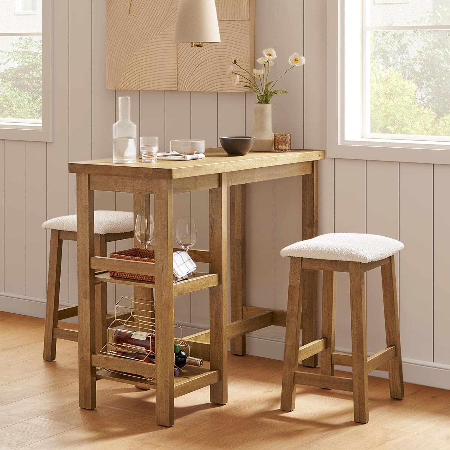 Mopio Kelly Solid Wood Counter Table Set with 2 Boucle stools, 3-piece Dining Set, Small Kitchen Island with Storage Shelves