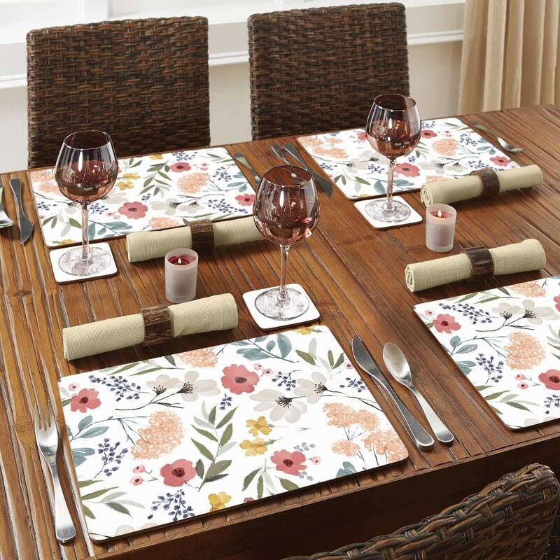 Meadow Pink Decorative Hardboard Placemats with Protective Cork Backing 4 Pack Heat Tolerant and Easily Wipes Clean