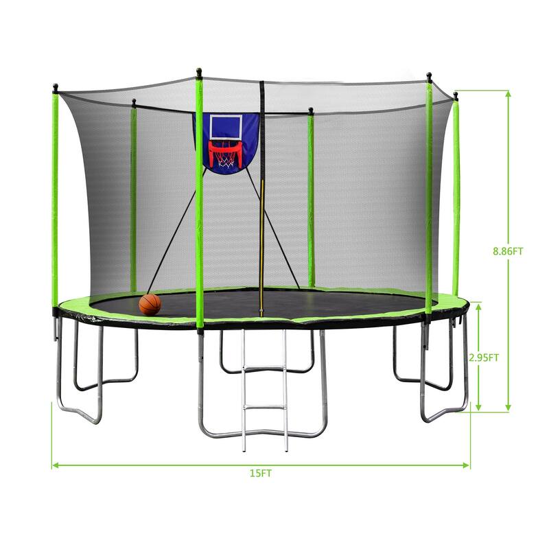 15FT Trampoline with Basketball Hoop Inflator and Ladder, 6pcs safety new pole Sleeves- Green