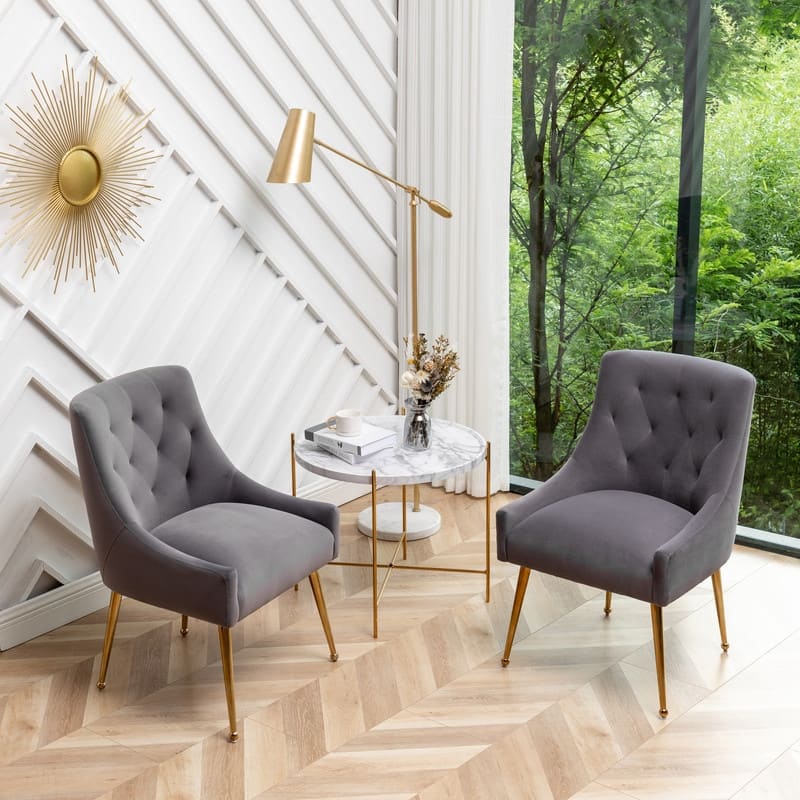 Modern Dining Chairs Set of 2, Upholstered Accent Chair Tufted Back Armless Chair with Back Pull - Grey