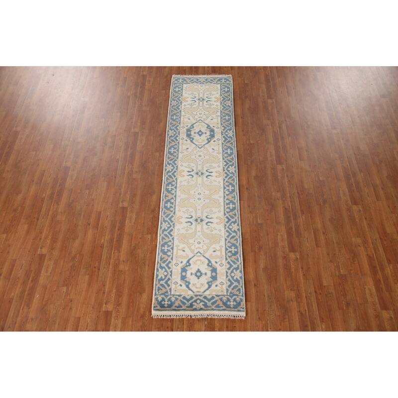 Floral Beige Oushak Style Runner Rug Hand-knotted Wool Carpet - 2'6"x 9'9"
