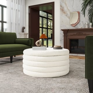 Fuji 36" Boucle Sherpa Round Upholstered Storage Cocktail Ottoman