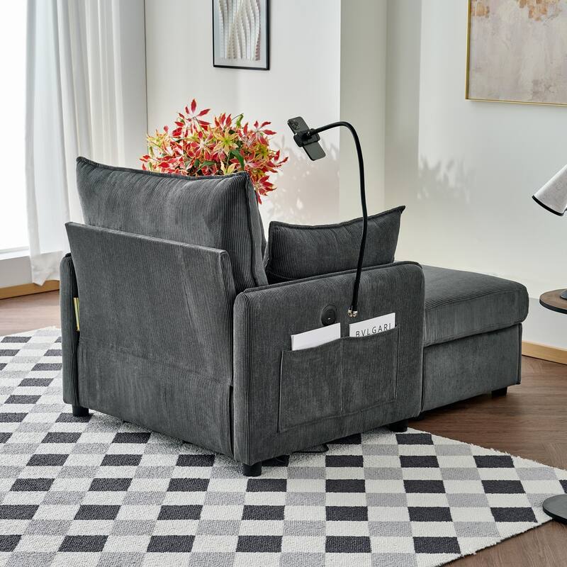 Corduroy Single Sofa Armchair & Storage Ottoman Set with 360° Adjustable Phone Holder, Built-in USB and Side Pockets