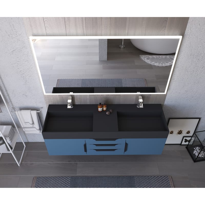 Amazon 60" Wall Mounted Bathroom Vanity Set w/ Black Top