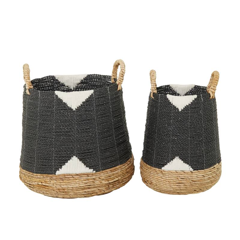 CosmoLiving by Cosmopolitan Banana Leaf Handmade Triangle Details Storage Basket with Handles (Set of 2) - Black or White