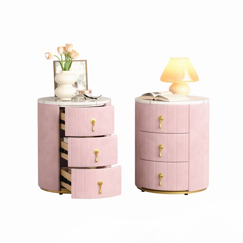 2 Set Upholstered Nightstand with 3 Drawers,Pink