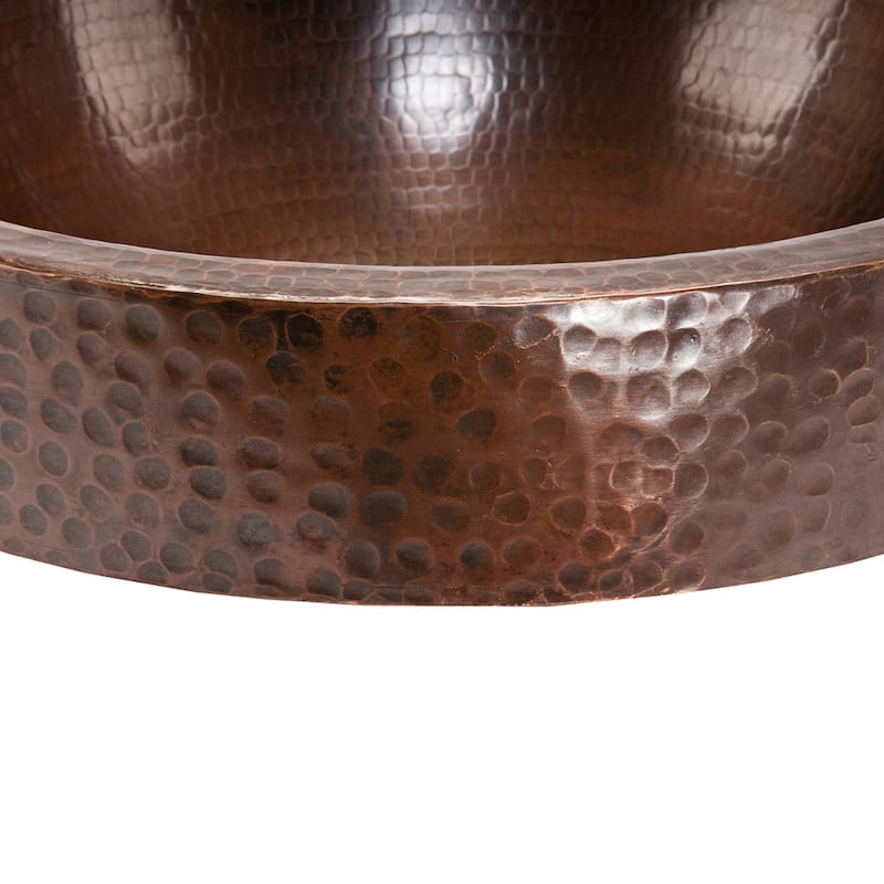 17" Compact Oval Skirted Vessel Hammered Copper Sink, Matching Drain and Accessories