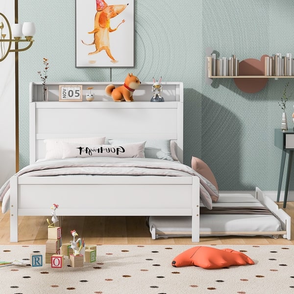 slide 2 of 22, Wooden Platform Bedframe w/ Storage Headboard & Twin Size Trundle -Full White - Full