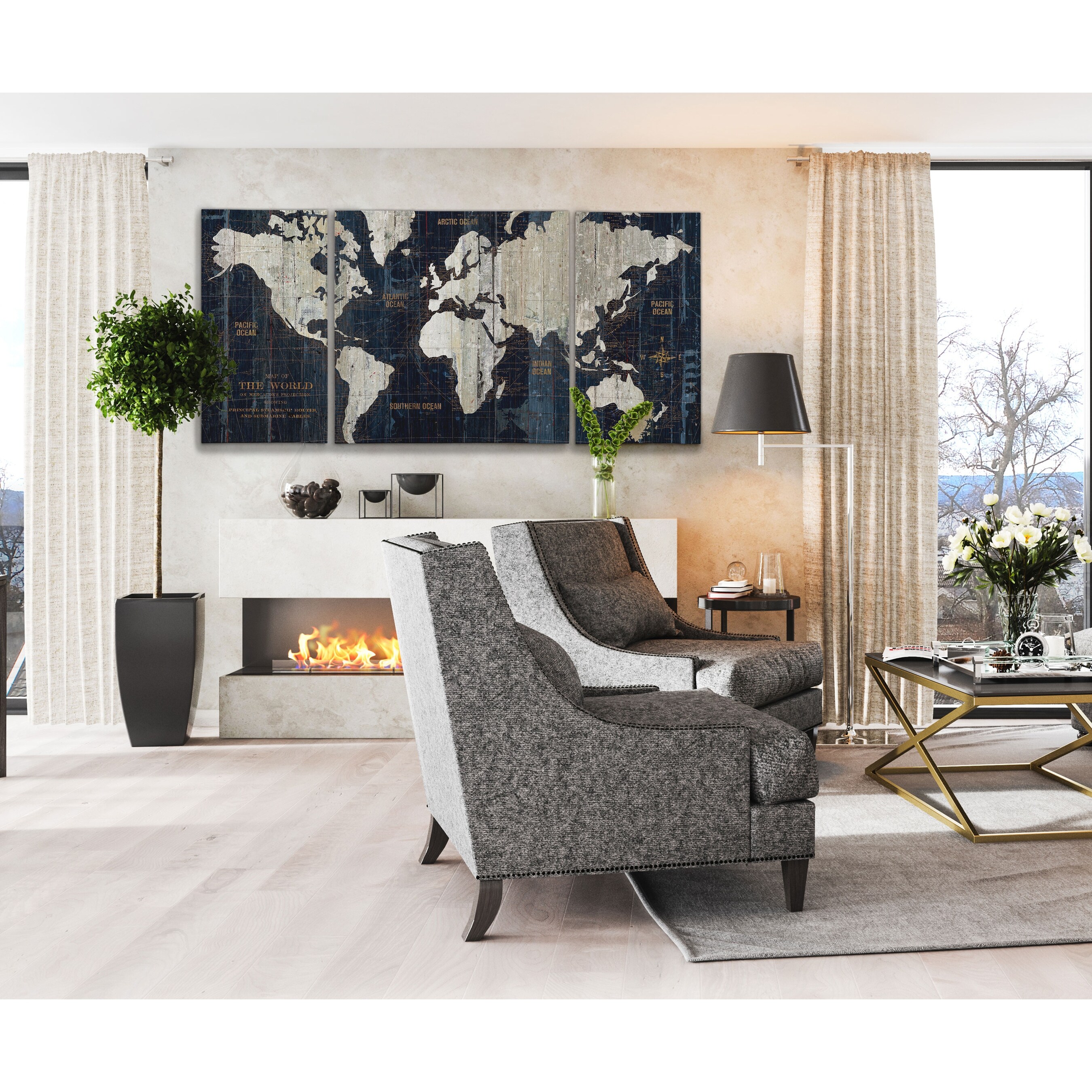 'Old World Map Blue' 3-piece Wrapped Canvas Graphic Art Print Set