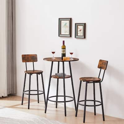 Round bar stool set with shelves, stool with backrest Rustic Brown,23.62’’w x 23.62’’d x 35.43’’h