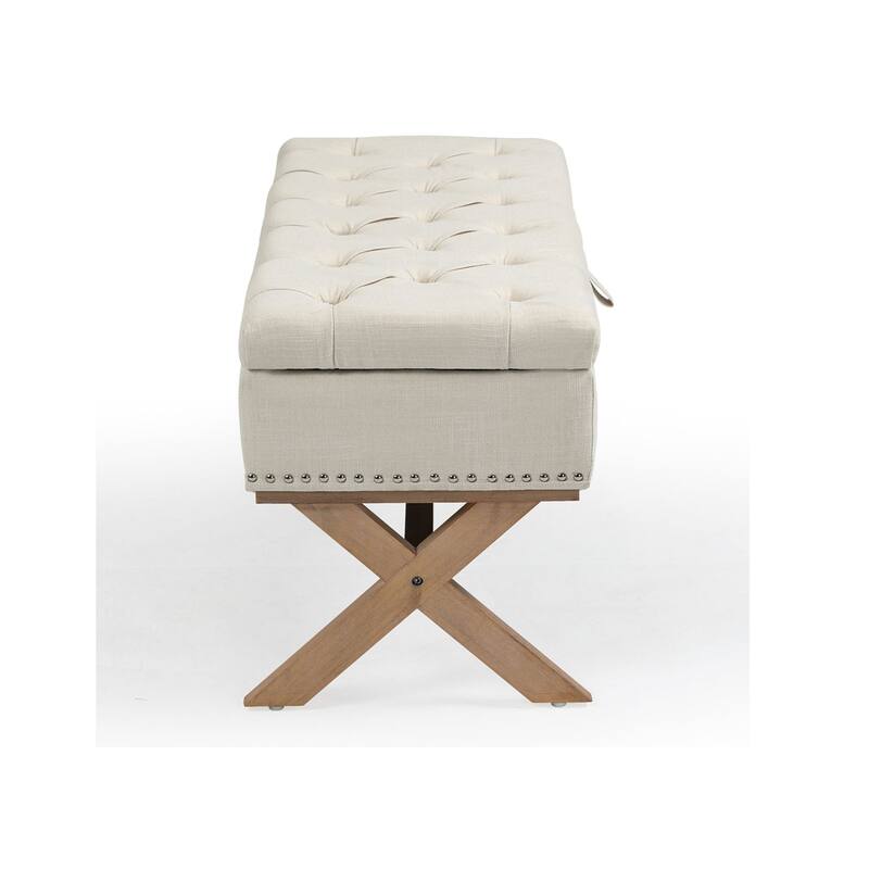 Light Beige Linen Rectangle Button-Tufted Ottoman
