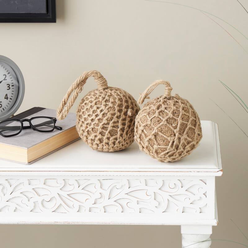 Brown Cement Stone Handmade Woven Layered Orb Knot Decorative Sculpture with Handles (Set of 2) - Brown