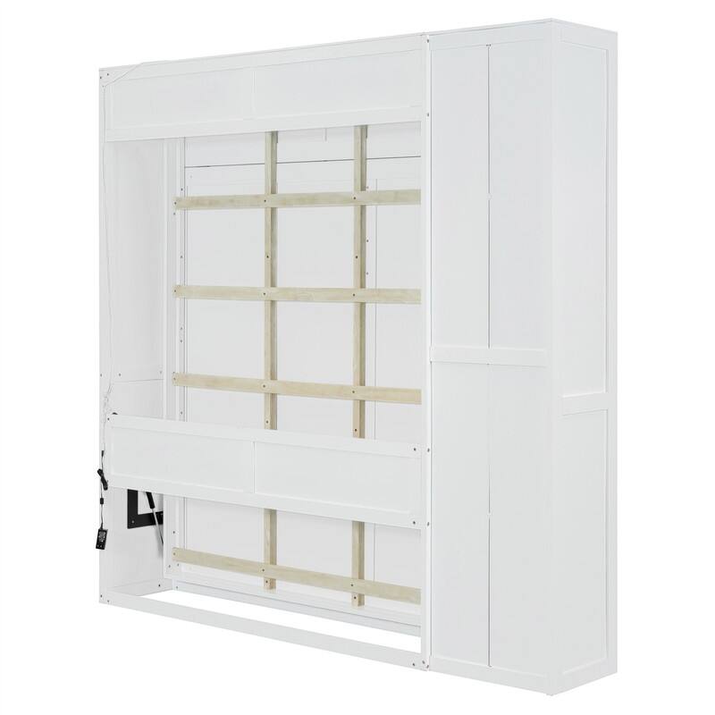 Full/Queen Size Murphy Bed Wall Bed with LED Lights and Storage Cabinet, Foldable Murphy Cabinet Bed with Open Storage Shelves