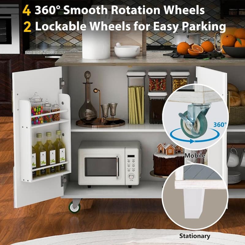 51 in. W Kitchen Island Retro Drop-Leaf Desktop on 4 Wheels with Internal Storage Rack and Towel Rack