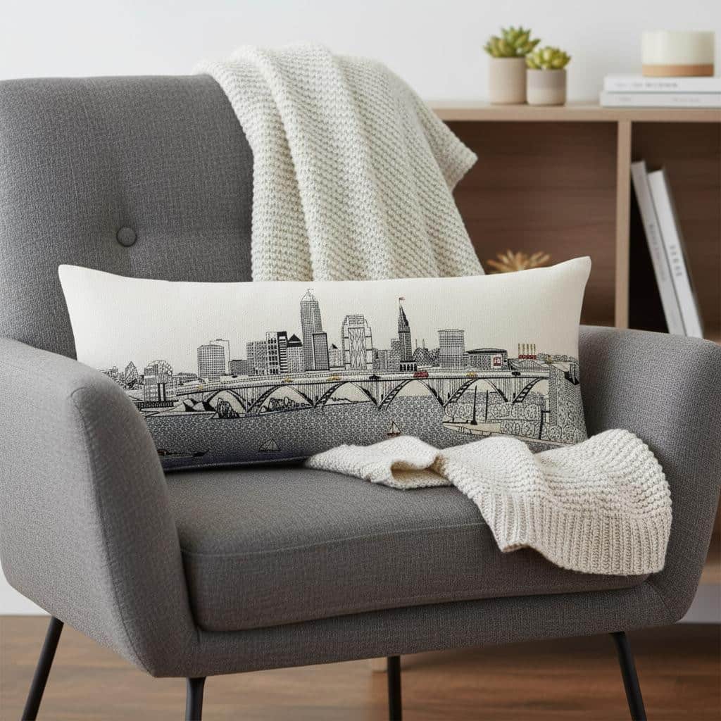 HomeRoots 14" X 35" Cream Cleveland Daylight Skyline Lumbar Decorative Pillow