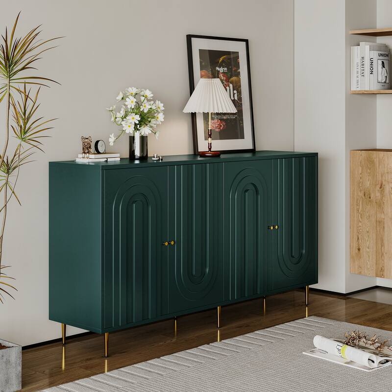 Modern Green Lacquered 4 Door Wooden Cabinet Sideboard Buffet Server Cabinet Storage Cabinet, for Living Room, Entryway, Hallway