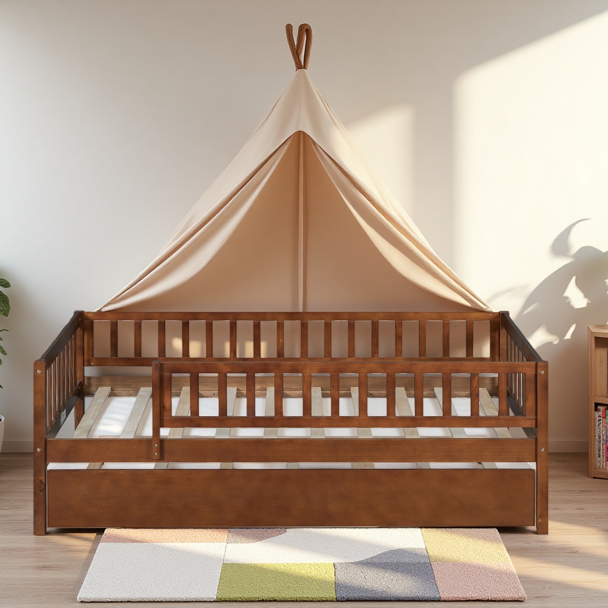Twin Wood Daybed with Trundle & Fence, Pine, Space-Saving, Safety Features