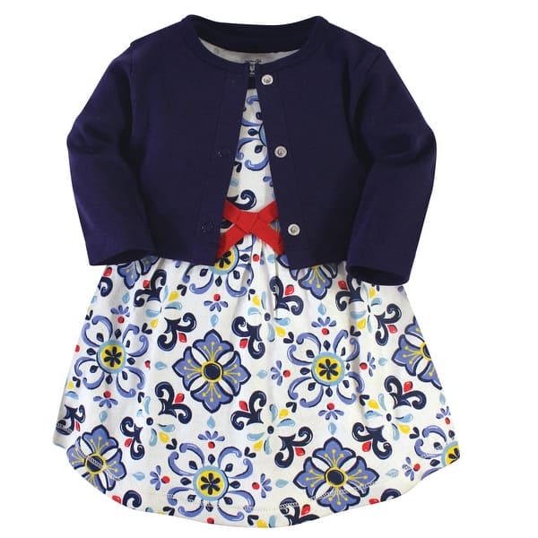 slide 1 of 1, Touched by Nature Baby and Baby Girl Organic Cotton Dress and Cardigan 2pc Set, Pottery Tile 0-3 Months - Pottery Tile