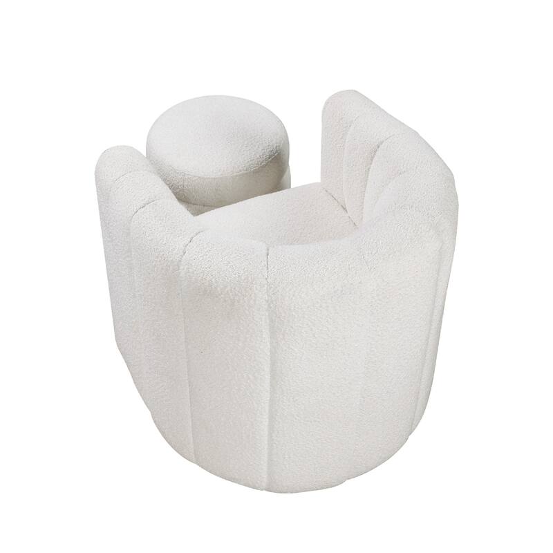 Noa Swivel Chair and Ottoman, Channel Tufted Curved Back, White Boucle
