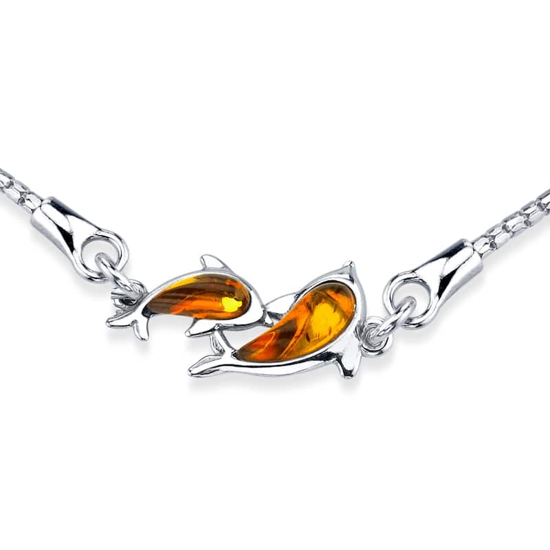 Sterling Silver Baltic Amber Dolphin Charm Adjustable Bracelet