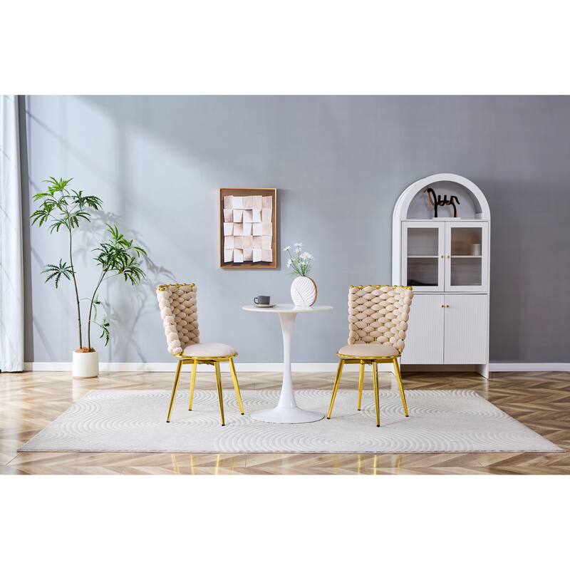Set Of 2, Modern Luxury Velvet Woven Decorative Dining Chairs, Equipped With Gold Metal Legs And Cushioned Seats