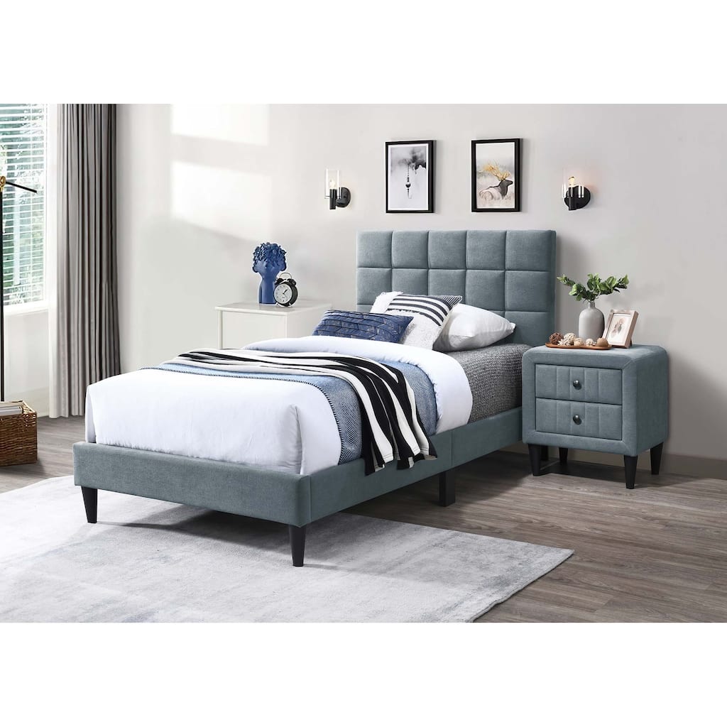 Adjustable Headboard Twin Bed with Brushed Linen Fabric and Biscuit Tufting Design