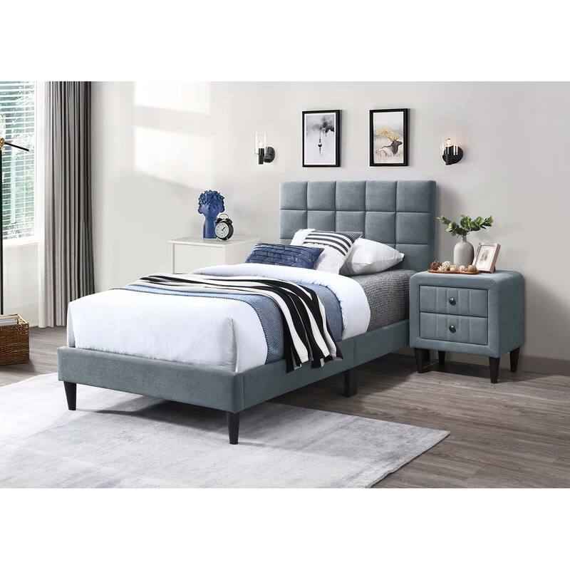 Adjustable Headboard Twin Bed with Brushed Linen Fabric and Biscuit Tufting Design - Gray
