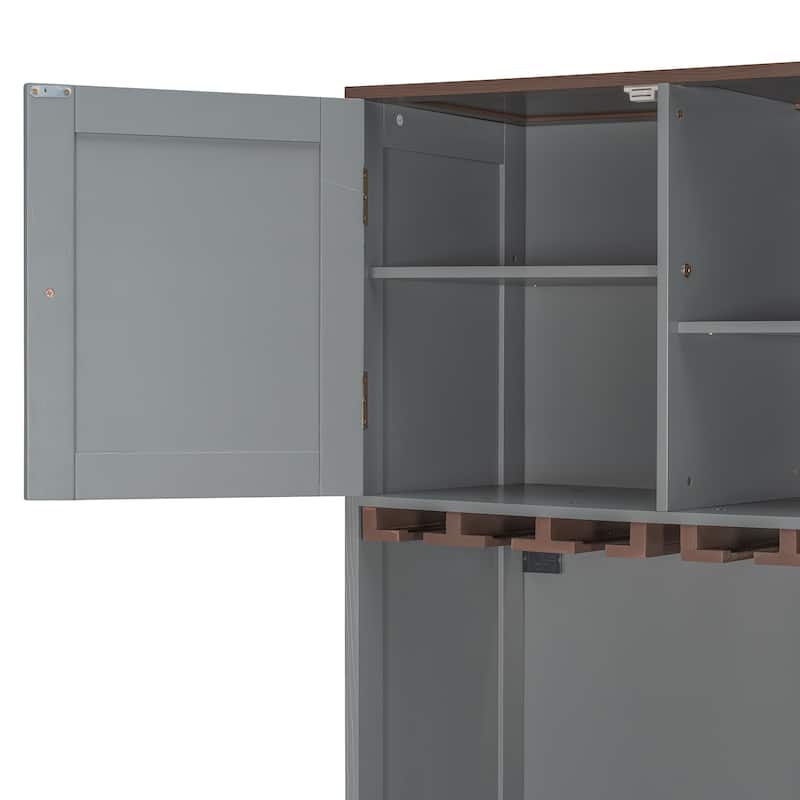 All-in-one Murphy Bed Queen Size Storage Bed Cabinet with Wine Rack, Glass Holder, Drawers, Open Shelves and LED Lights