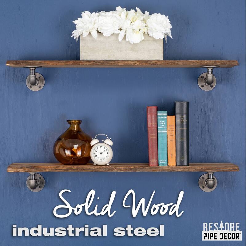 PIPE DECOR Live Edge Reclaimed Wood Shelf with Industrial Pipe Brackets, Set of 2