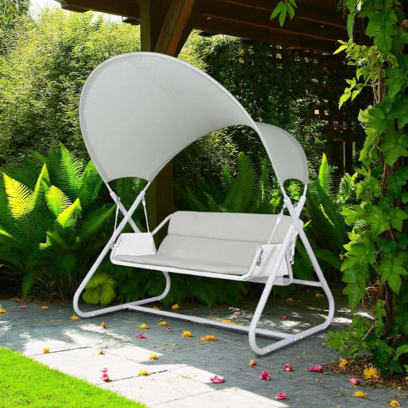 Diz Outdoor Hanging Double Swing Sofa Chair, White Powder Coated Steel