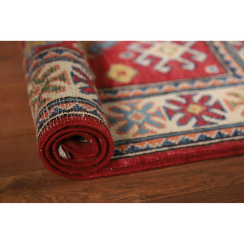 Kazak Oriental Rug Handmade Red Geometric Wool Carpet - 2'0"x 3'0" - 2'0"x 3'0" - Red