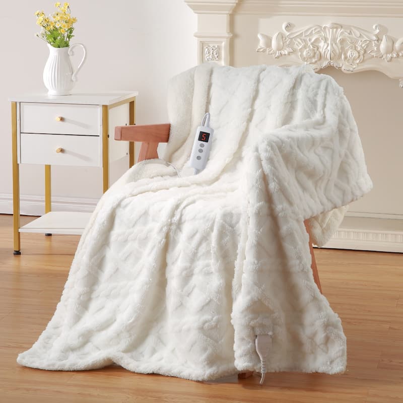 Heated Blanket with 10 Heating Levels and Time Settings, Machine Washable - Beige - Throw50"*60"