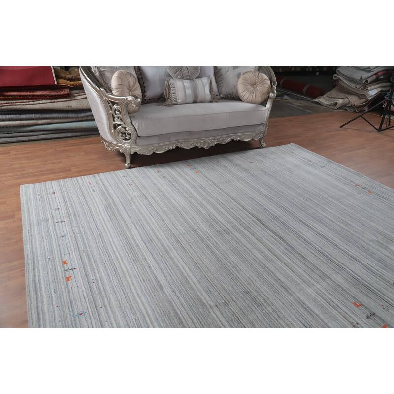 Hand Knotted Oriental Silk Carpet Tribal Animal Pictorial Greys & Charcoal Gabbeh Area Rug - 10' 1'' X 8' 2''