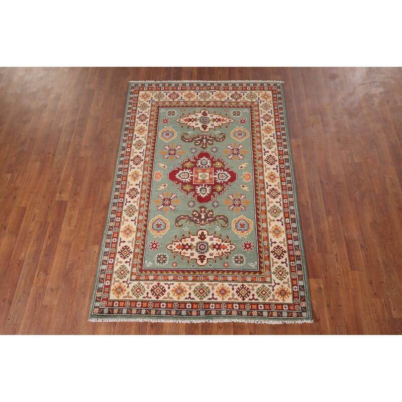 Hand Knotted Oriental 100% Wool Carpet Traditional Geometric Green Kazak Area Rug - 5' 10'' X 3' 11''