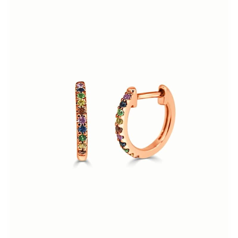 Joelle Collection Multi Sapphire Huggie Earring - 14K Gold Earrings U-Shaped Hoops With Rainbow Sapphires - Rose