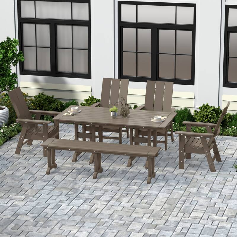 Shoreside 6-Piece Rectangular Poly Eco-Friendly All Weather Outdoor Dining Set with Bench - Weathered Wood
