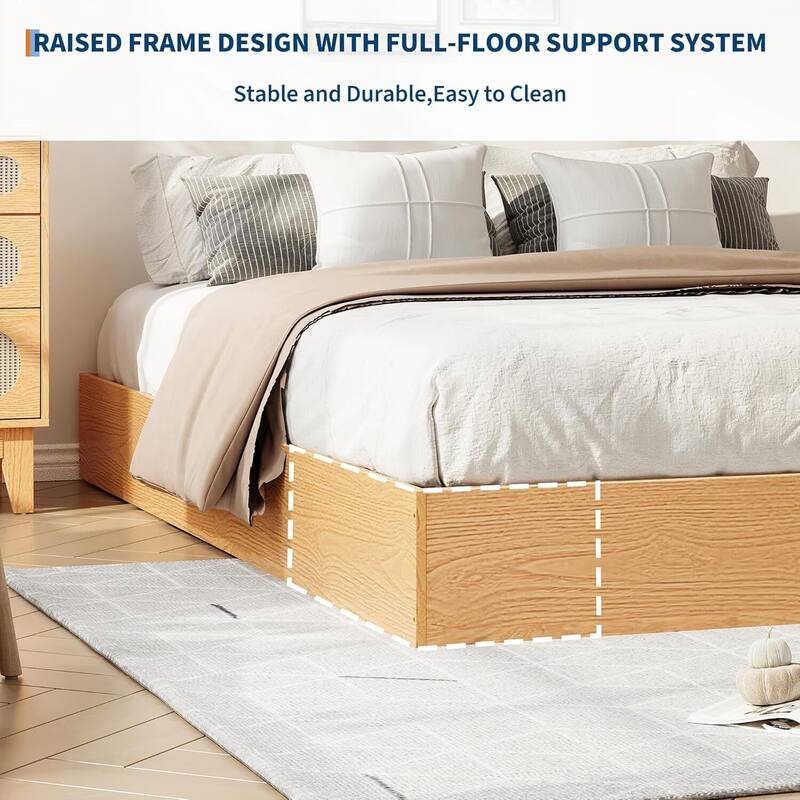 Space-Saving Sturdy Floor-Standing Platform Bed Frame, No Box Spring Needed, Pine Wood