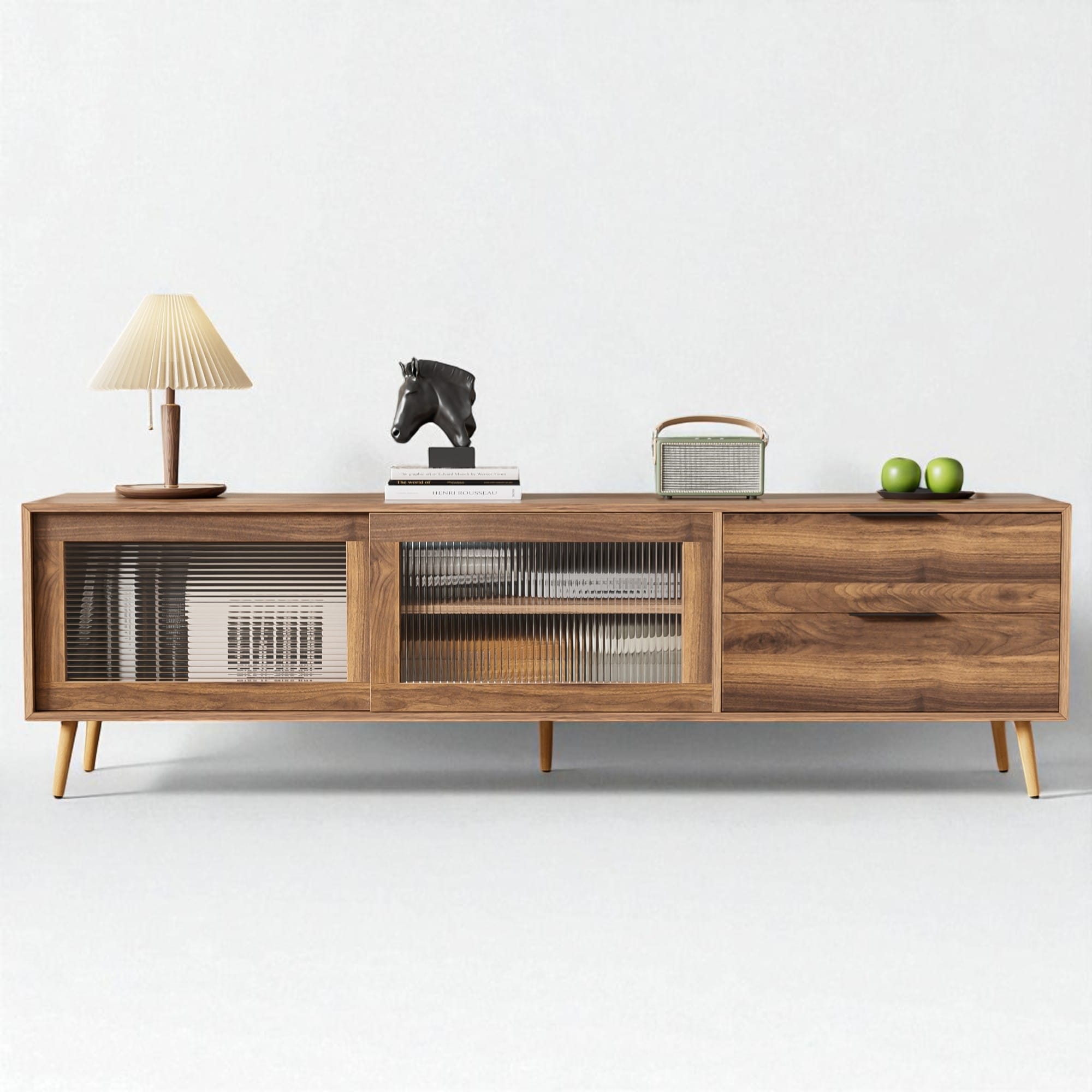 70" Walnut Modern TV Stand for 75 Inch TV, Media Console with Glass Doors, Drawers & Storage Cabinet