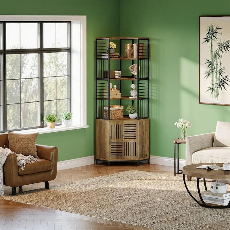Brown Corner Storage Cabinet 5 Shelf Tall Vertical Organizer MDF Metal Frame Living Room Office Display Shelf