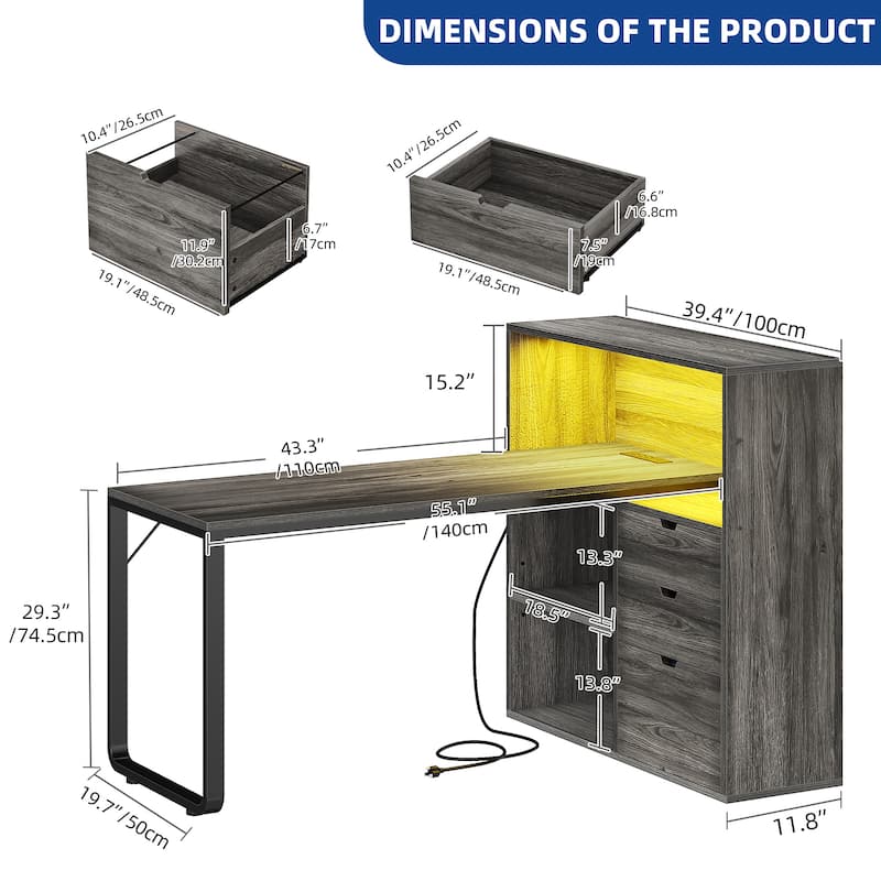 Moasis LED L-Shaped Desk with Drawers and Filing Cabinet, Home Corner Gaming Desk w/USB Ports