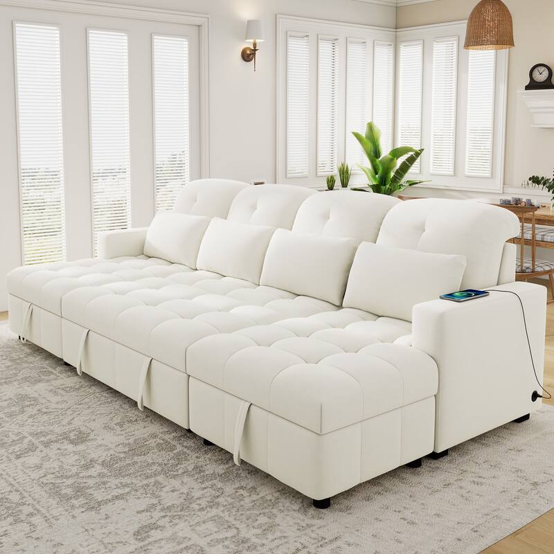 110.2" Oversized U-shaped Sectional Sofa Bed, Double Storage, 2 USB Ports, Beige Chenille for Living Room